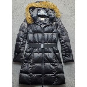 S13 NYC Chalet Long Puffer Down Jacket Womens Small Black Faux Fur Collar Hooded